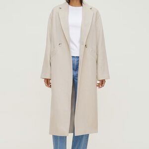Woven Long Single-Breasted Wool Coat - Cream